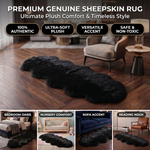 Genuine sheepskin rug infographic showing four placement uses: bedroom, nursery, sofa accent, and reading nook