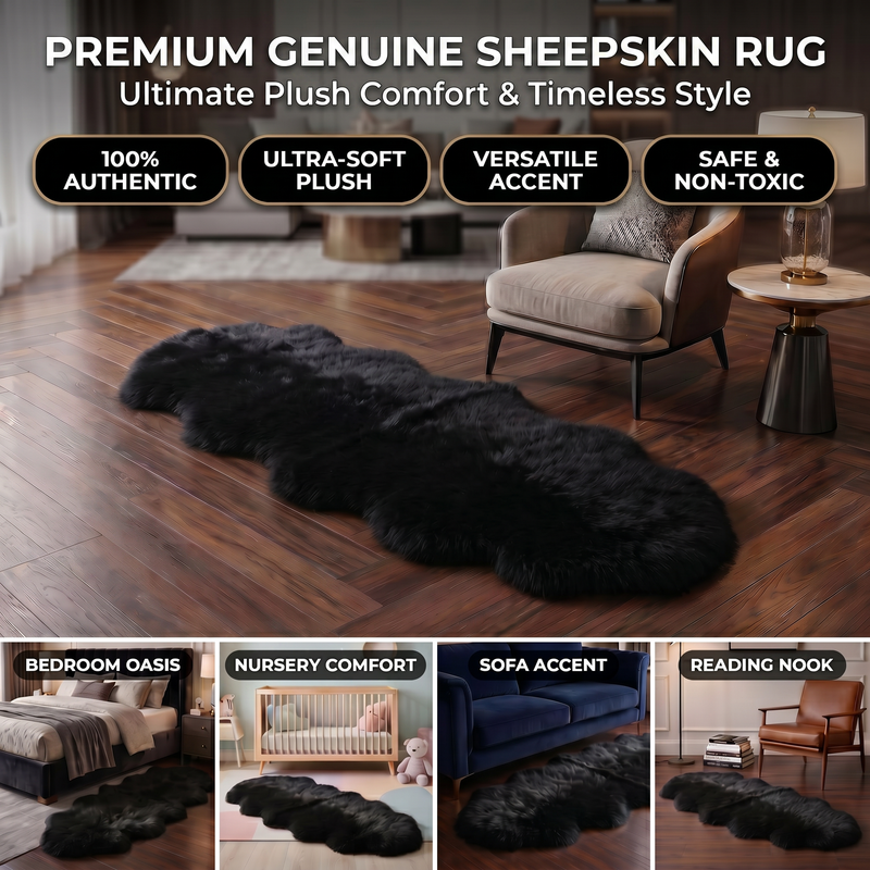 Genuine sheepskin rug infographic showing four placement uses: bedroom, nursery, sofa accent, and reading nook