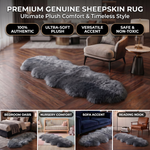 Genuine sheepskin rug infographic showing four placement uses: bedroom, nursery, sofa accent, and reading nook