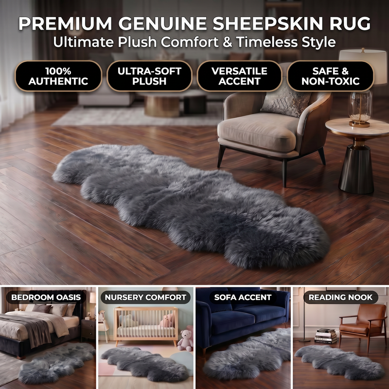 Genuine sheepskin rug infographic showing four placement uses: bedroom, nursery, sofa accent, and reading nook