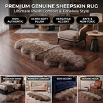 Genuine sheepskin rug infographic showing four placement uses: bedroom, nursery, sofa accent, and reading nook