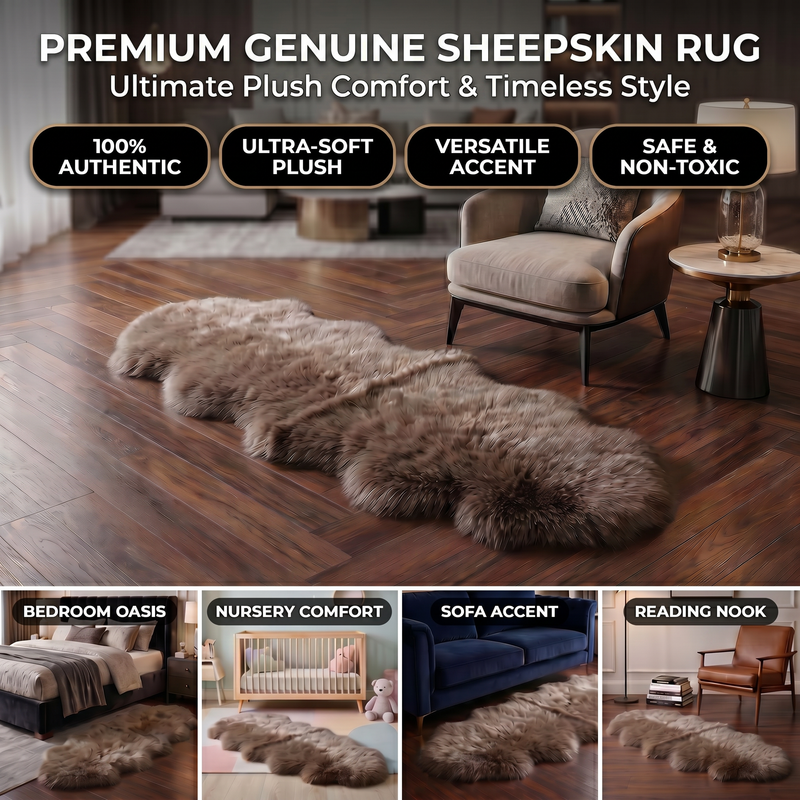 Genuine sheepskin rug infographic showing four placement uses: bedroom, nursery, sofa accent, and reading nook