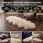Genuine sheepskin rug infographic showing four placement uses: bedroom, nursery, sofa accent, and reading nook