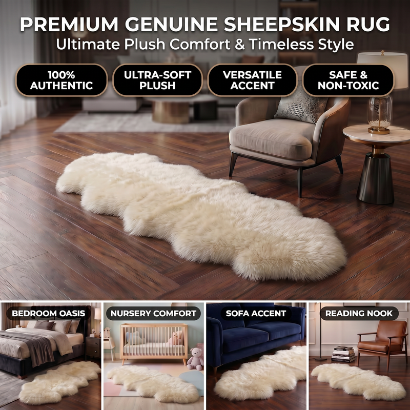 Genuine sheepskin rug infographic showing four placement uses: bedroom, nursery, sofa accent, and reading nook
