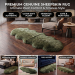 Genuine sheepskin rug infographic showing four placement uses: bedroom, nursery, sofa accent, and reading nook