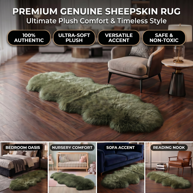 Genuine sheepskin rug infographic showing four placement uses: bedroom, nursery, sofa accent, and reading nook