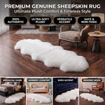 Genuine sheepskin rug infographic showing four placement uses: bedroom, nursery, sofa accent, and reading nook
