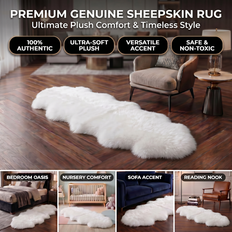 Genuine sheepskin rug infographic showing four placement uses: bedroom, nursery, sofa accent, and reading nook