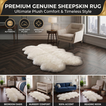Genuine sheepskin rug infographic showing four placement uses: bedroom, nursery, sofa accent, and reading nook