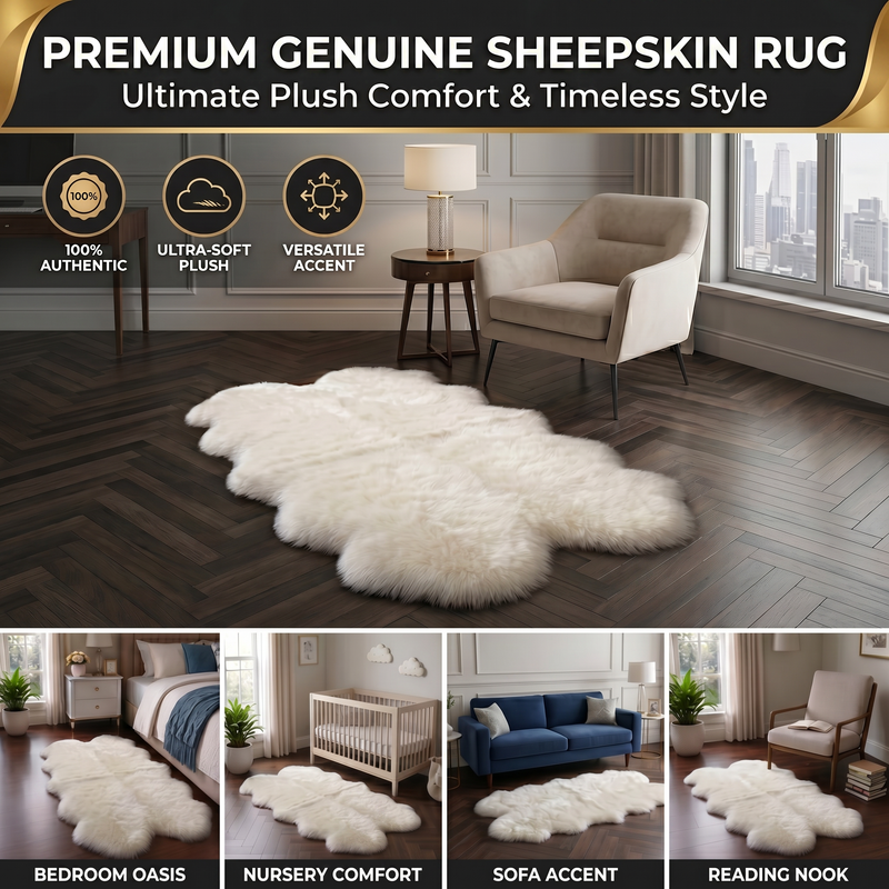 Genuine sheepskin rug infographic showing four placement uses: bedroom, nursery, sofa accent, and reading nook