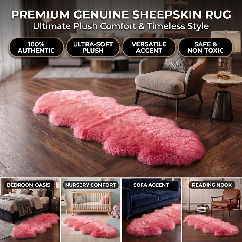 Genuine sheepskin rug infographic showing four placement uses: bedroom, nursery, sofa accent, and reading nook