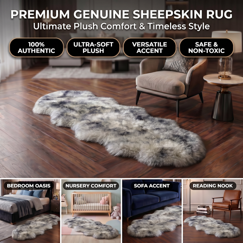 Genuine sheepskin rug infographic showing four placement uses: bedroom, nursery, sofa accent, and reading nook