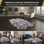 Genuine sheepskin rug infographic showing four placement uses: bedroom, nursery, sofa accent, and reading nook