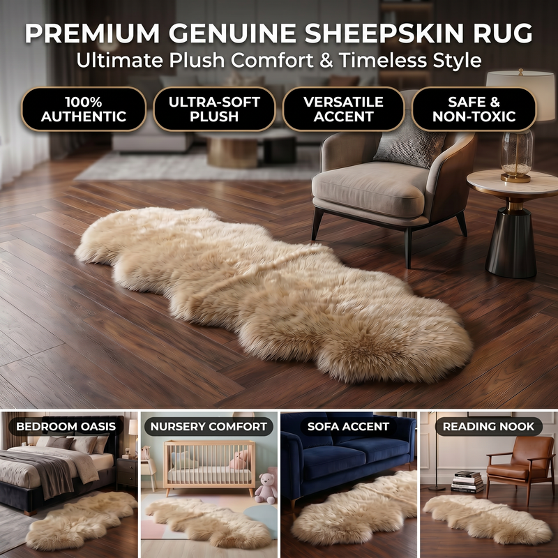 Genuine sheepskin rug infographic showing four placement uses: bedroom, nursery, sofa accent, and reading nook
