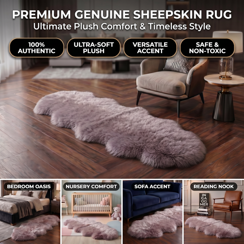 Genuine sheepskin rug infographic showing four placement uses: bedroom, nursery, sofa accent, and reading nook