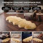 Genuine sheepskin rug infographic showing four placement uses: bedroom, nursery, sofa accent, and reading nook