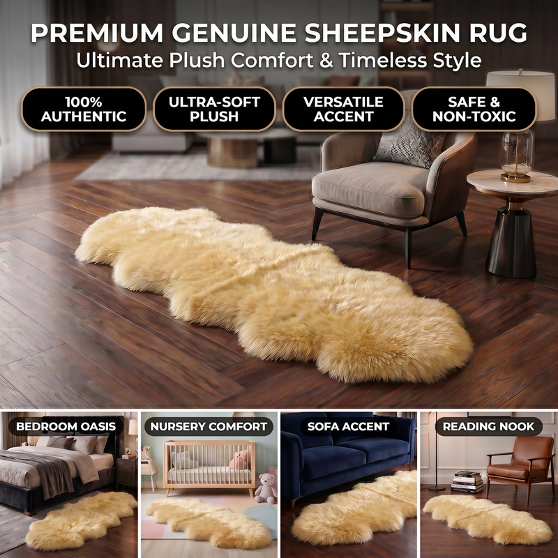Genuine sheepskin rug infographic showing four placement uses: bedroom, nursery, sofa accent, and reading nook