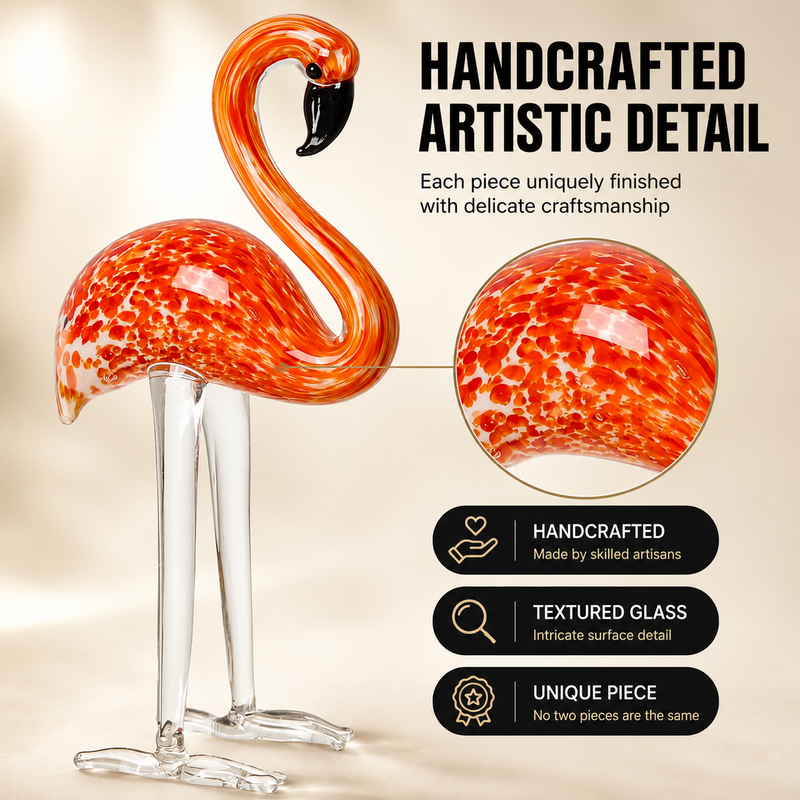 Glass flamingo figurine shown as a gift with birthday and holiday icons
