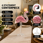 Glass flamingo figurine shown as a gift with birthday and holiday icons