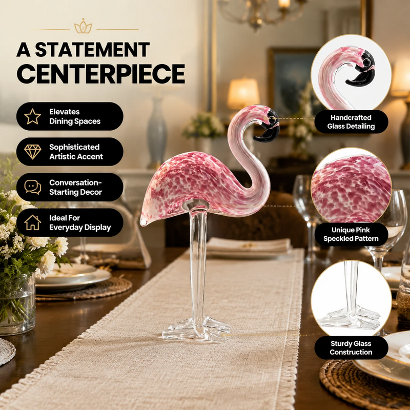 Glass flamingo figurine shown as a gift with birthday and holiday icons