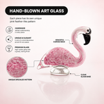 Glass flamingo figurine shown as a gift with birthday and holiday icons
