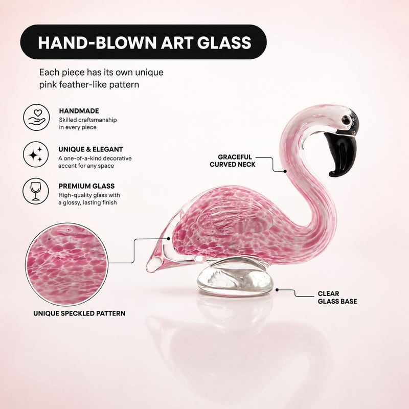 Glass flamingo figurine shown as a gift with birthday and holiday icons