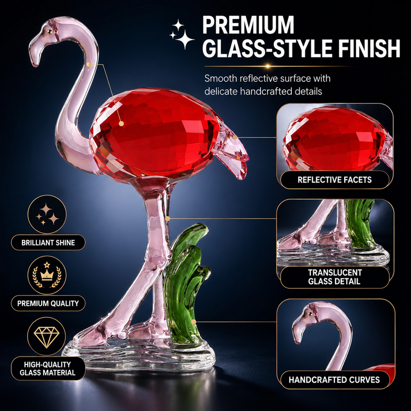 Glass flamingo figurine shown as a gift with birthday and holiday icons