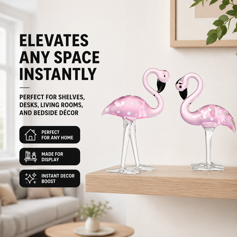 Glass flamingo figurine shown as a gift with birthday and holiday icons