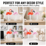 Glass flamingo figurine shown as a gift with birthday and holiday icons