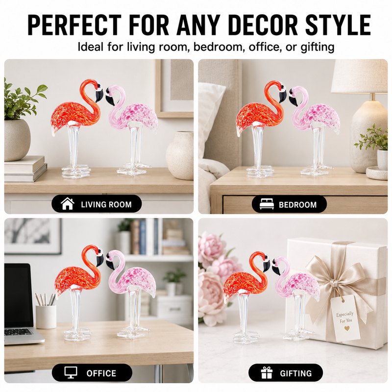 Glass flamingo figurine shown as a gift with birthday and holiday icons