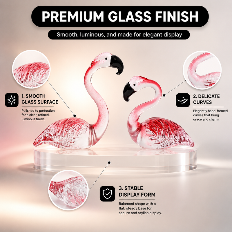 Glass flamingo figurine shown as a gift with birthday and holiday icons