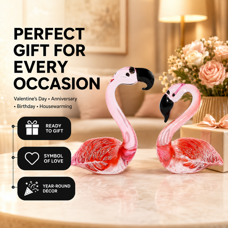Glass flamingo figurine shown as a gift with birthday and holiday icons