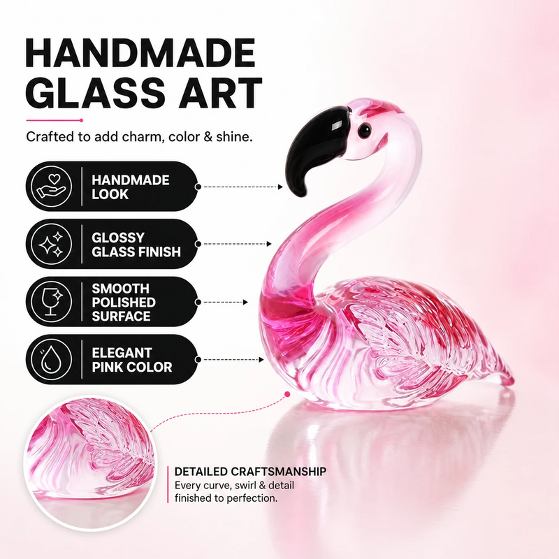 Glass flamingo figurine shown as a gift with birthday and holiday icons