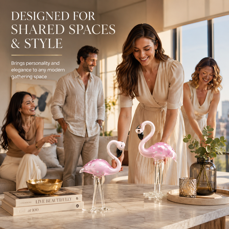 Glass flamingo figurine presented as a romantic gift with a card and flowers