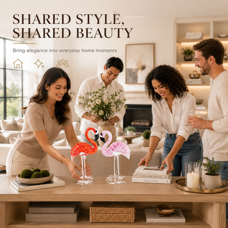 Glass flamingo figurine presented as a romantic gift with a card and flowers