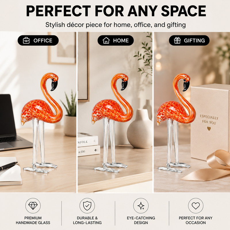 Close-up of glossy glass finish and handmade detail on flamingo figurine