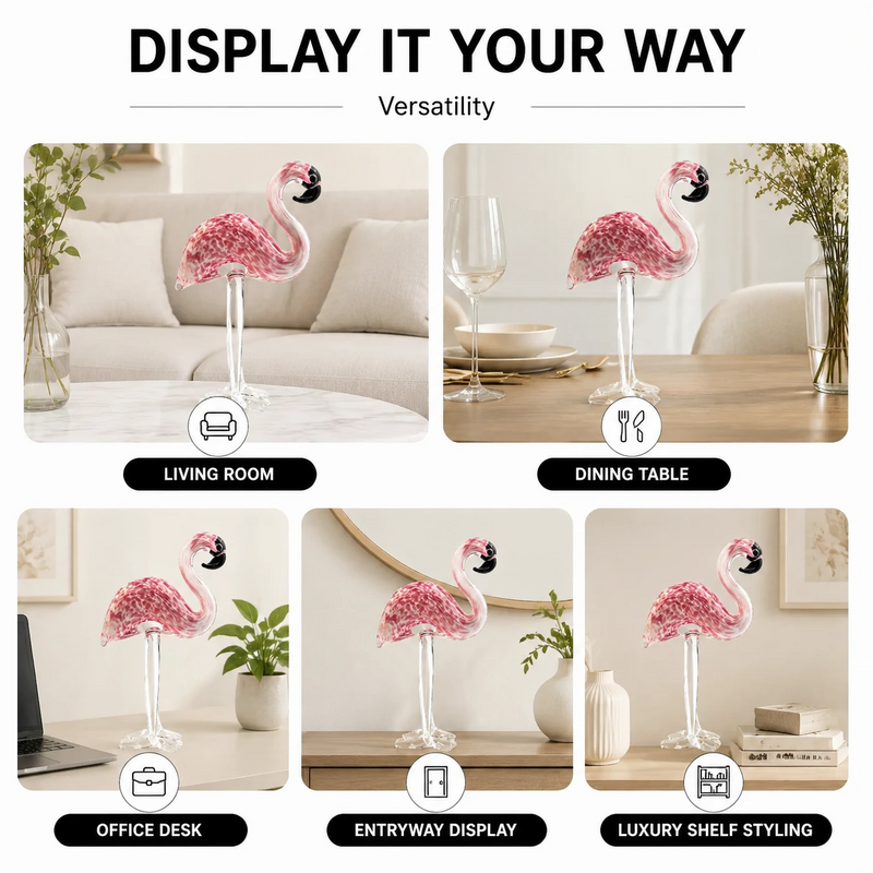 Close-up of glossy glass finish and handmade detail on flamingo figurine