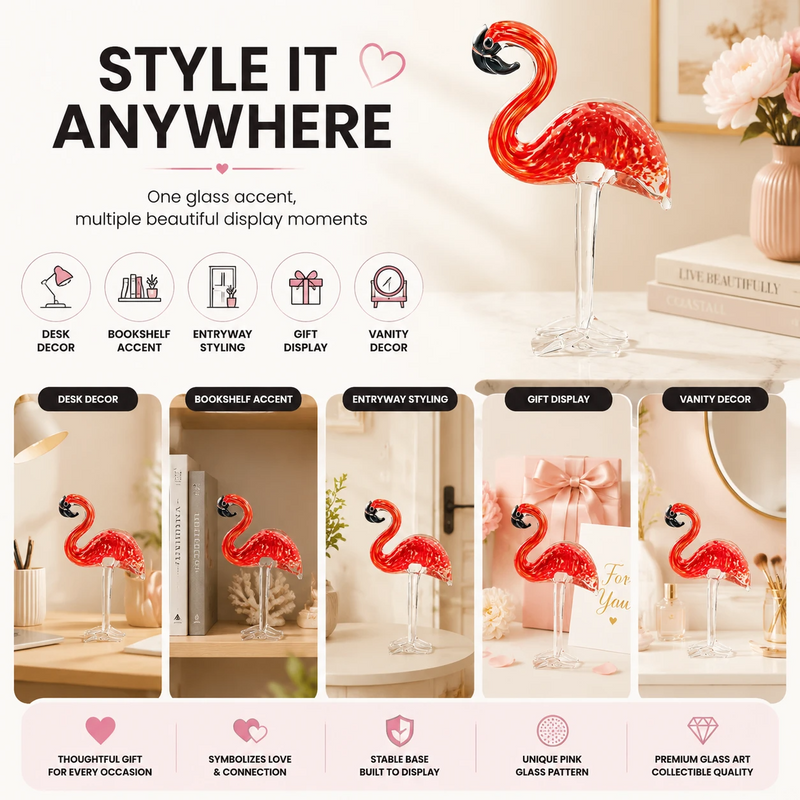 Close-up of glossy glass finish and handmade detail on flamingo figurine