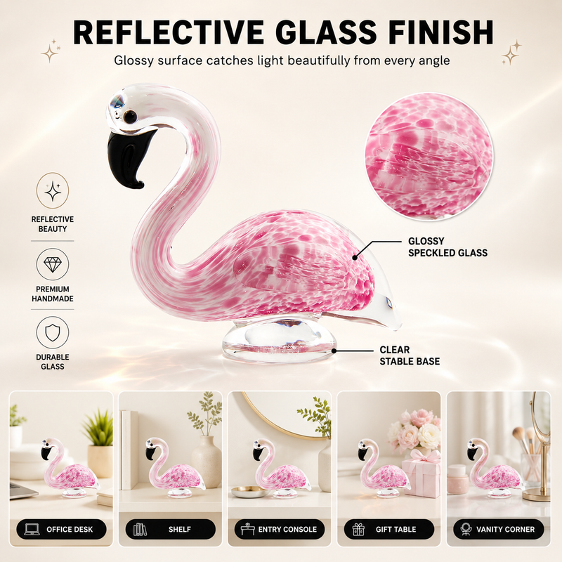 Close-up of glossy glass finish and handmade detail on flamingo figurine