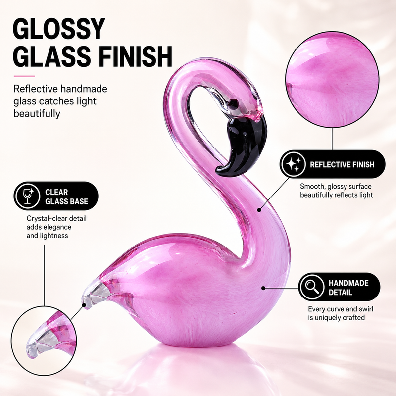 Close-up of glossy glass finish and handmade detail on flamingo figurine