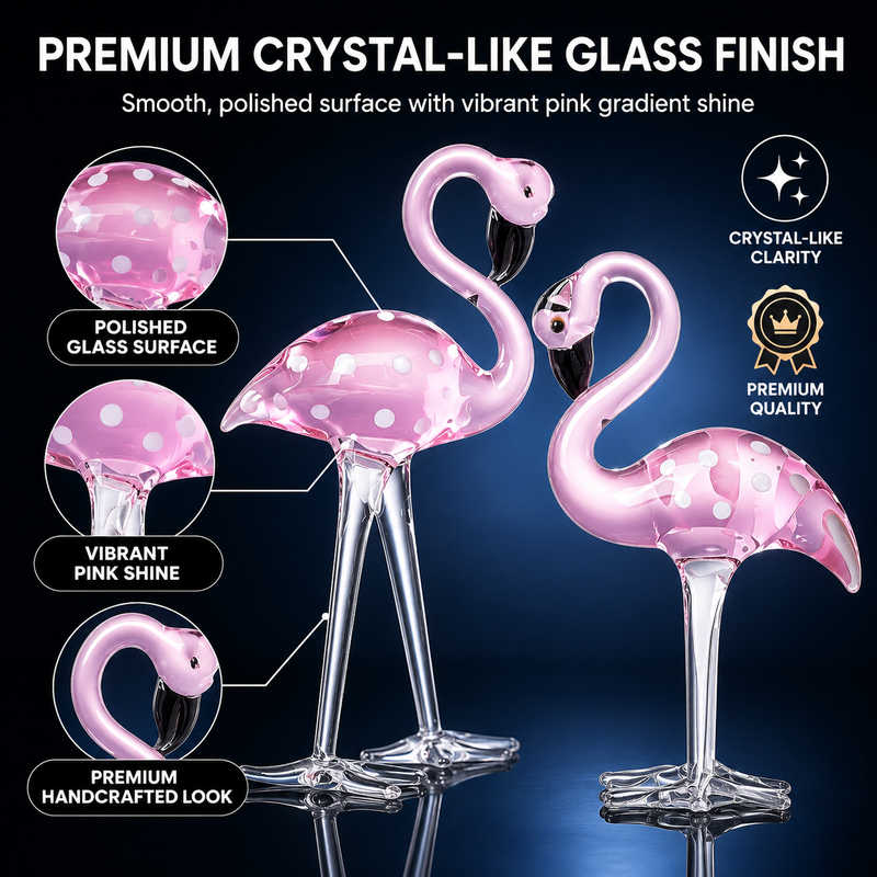 Close-up of glossy glass finish and handmade detail on flamingo figurine