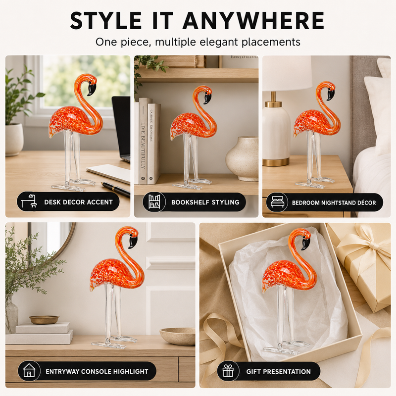 Hand-blown glass flamingo figurine showing unique glass pattern and neck curve