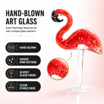 Hand-blown glass flamingo figurine showing unique glass pattern and neck curve