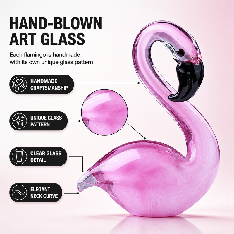 Hand-blown glass flamingo figurine showing unique glass pattern and neck curve