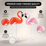 Hand-blown glass flamingo figurine showing unique glass pattern and neck curve