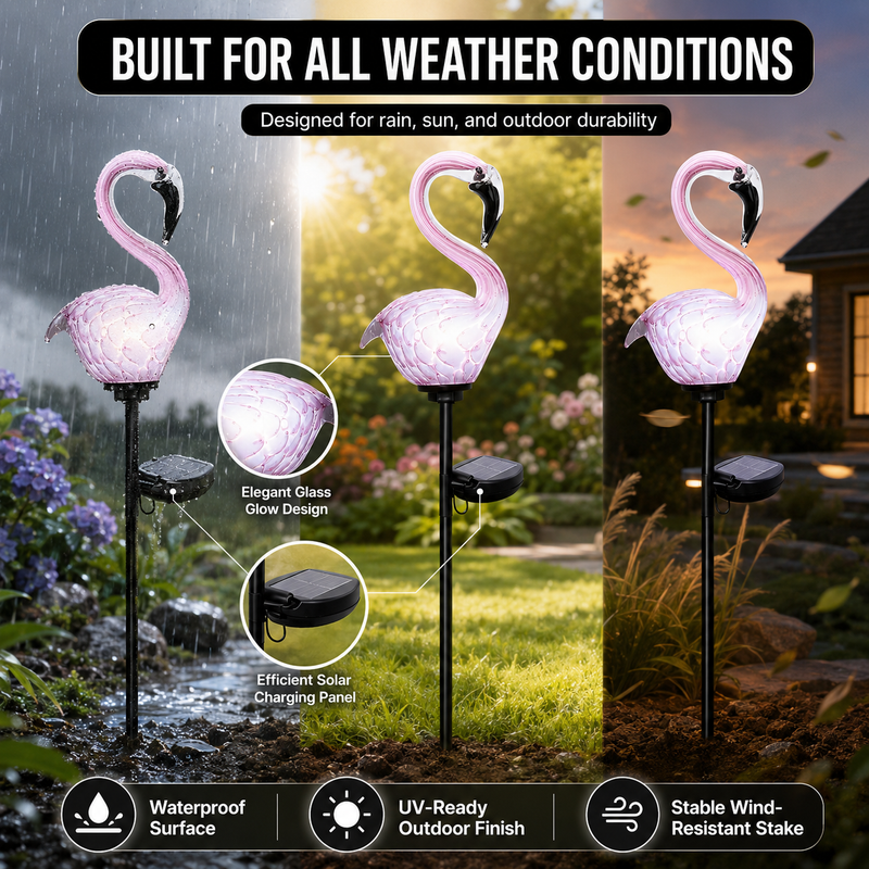 Hand-blown glass flamingo figurine showing unique glass pattern and neck curve