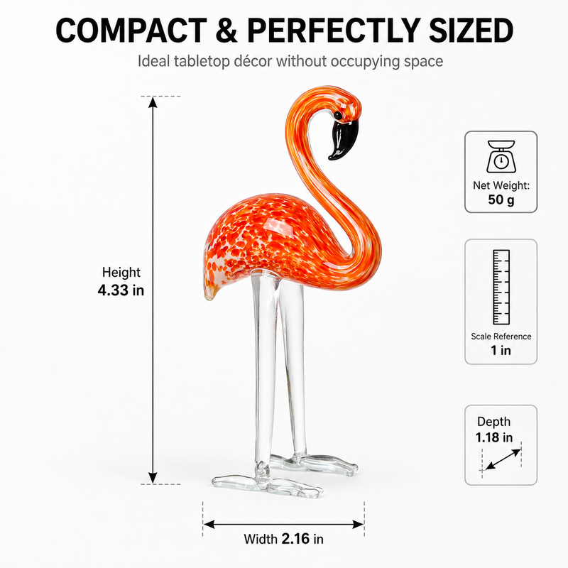 Glass flamingo figurine dimension chart showing 5.9 inch height