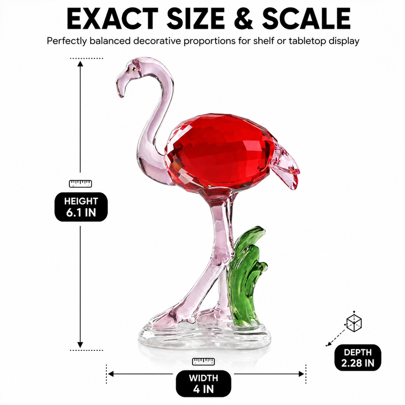 Glass flamingo figurine dimension chart showing 5.9 inch height