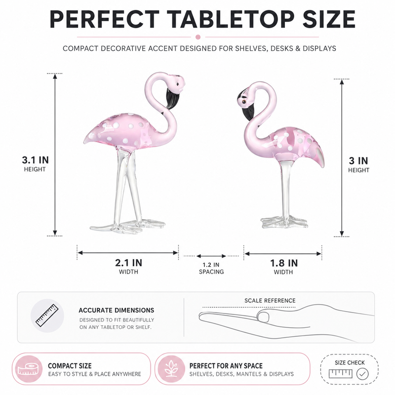 Glass flamingo figurine dimension chart showing 5.9 inch height