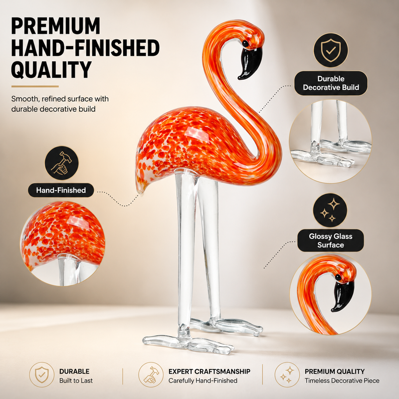 Glass flamingo figurine styled on a desk, bookshelf, bedside table, and vanity